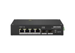 Switch PoE no administrado 4 puertos, con soporte para fibra óptica y resistencia industrial.