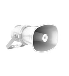 Megáfono IP de 25W, audio bidireccional, SIP/ONVIF, PoE/24V, IP67 y 124dB para uso exterior.